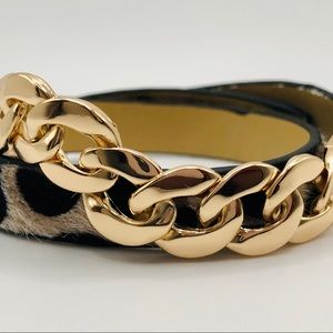 Faux fur fuzzy cheetah print chain link wrap adjustable bracelet, gold hardware